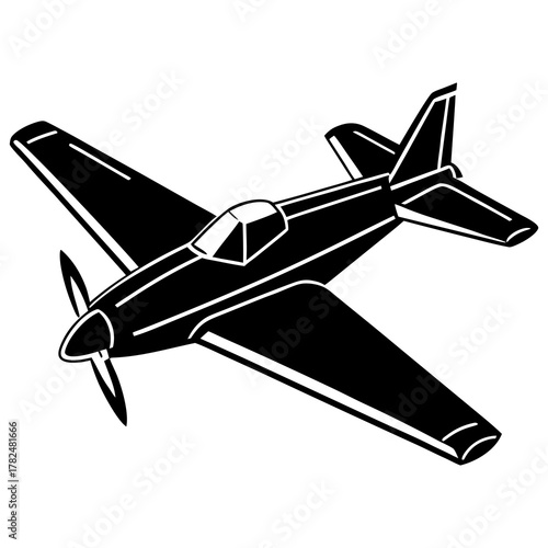 Black Airplane Silhouette Vector Illustration of a Classic Propeller Aircraft on White