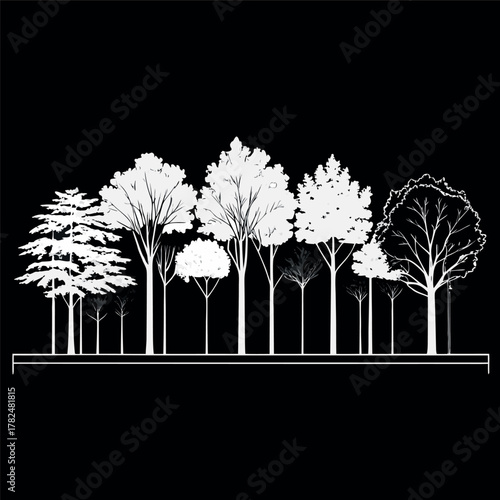 Architectural Drawings, Minimal style cad tree line drawing, Side view, set of section wetland forest outline for landscape design drawing. Vector illustration in seperate element