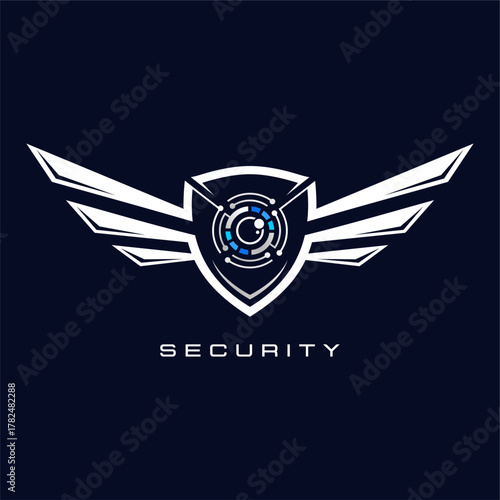 Modern Security Emblem With Wings and Camera Eye.