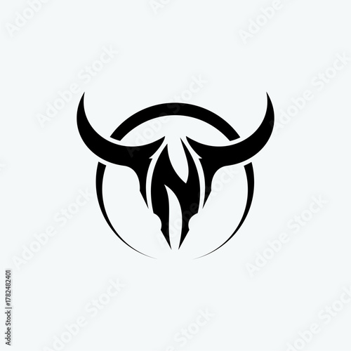 Black bull head logo design with horns and a circle background.