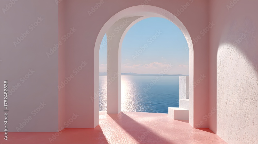Naklejka premium Pale pink architectural space opens onto a bright blue expanse of sunlit ocean water