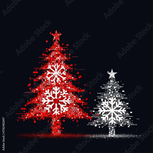 Modern Christmas spirit with digital trees and glowing snowflakes, perfect for tech companies holiday greetings and innovative seasonal campaigns