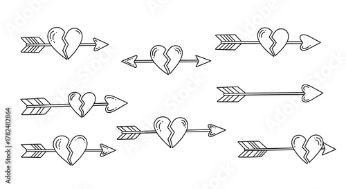 Set of sketched broken hearts pierced through by cupid's arrows, a classic symbol of painful love or romantic betrayal.