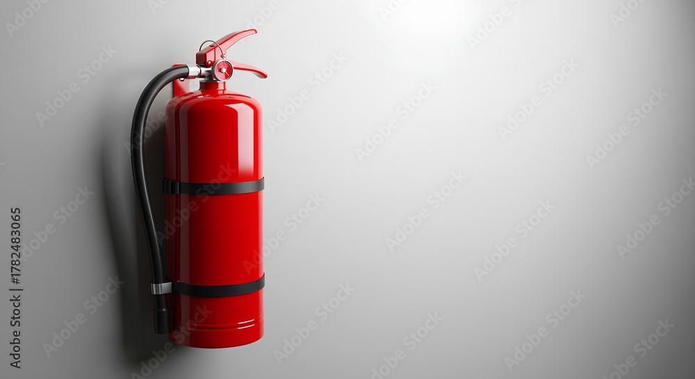 Obraz premium A bright red fire extinguisher is mounted against a plain white wall.