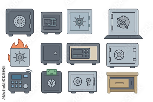 Set of Twelve Illustrated Safes in Various Designs and Styles