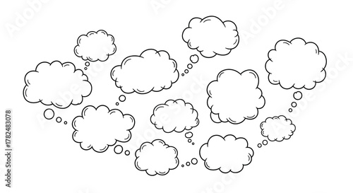 Assortment of empty thought clouds in different formations, sketched by hand for illustrating imagination, ideas, or brainstorming.