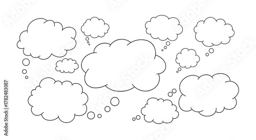 Collection of hand-drawn thought bubbles in various cloud-like shapes and sizes, perfect for representing ideas and dreams.
