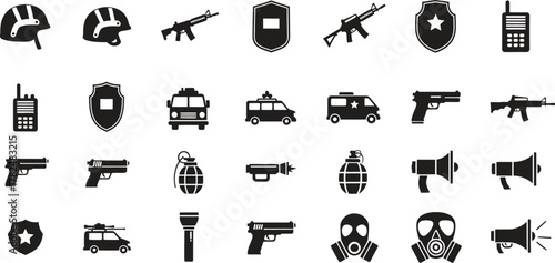 Law enforcement and emergency service equipment black silhouette vector set