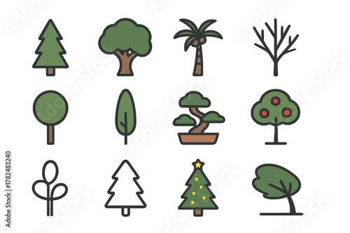 Tree Icons Set in Simple Stylized Design