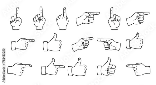 Useful collection of hand-drawn gestures including pointing fingers and thumbs-up signs, isolated on a white background for design.