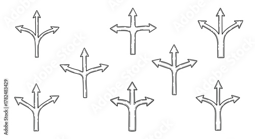Set of hand-drawn three-way arrows, symbolizing choices, different paths, and divergent decision-making opportunities for concepts.