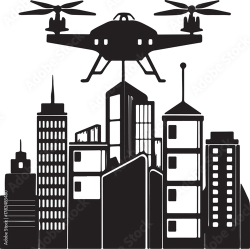 Futuristic drone delivering packages between skyscrapers silhouette design