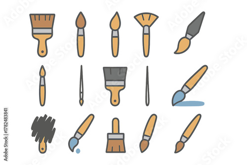 Set of 16 Paintbrush Icons on White Background