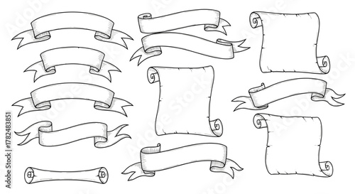Vintage collection of sketched ribbons and ancient paper scrolls, hand-drawn for a classic, medieval, or pirate-themed design.