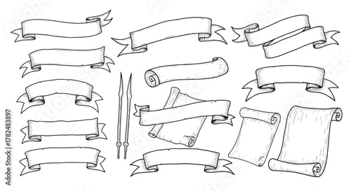 Assortment of old-fashioned scrolls and ribbons, hand-drawn in a detailed sketch style for historical or fantasy projects.
