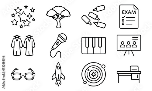 Education and School Line Icons Set – Stars, Tree, Eraser, Exam Paper, Classroom, Uniform, Microphone, Piano, Glasses, Rocket, Solar System, and Study Desk Outline Symbols