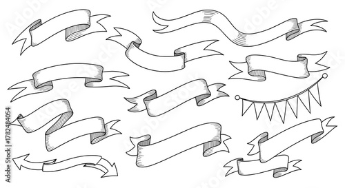 Versatile assortment of hand-drawn ribbons and banners, including flag and arrow designs, in a classic sketched ink style.