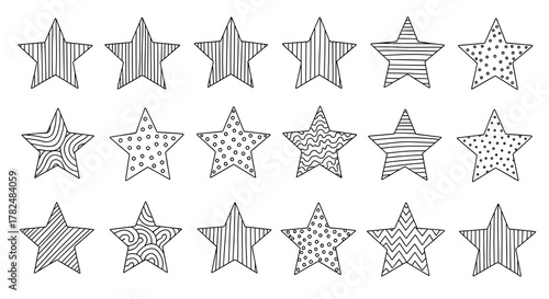 Assortment of hand-sketched stars containing different internal patterns, such as polka dots, lines, and swirls for fun designs.