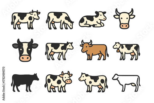 Cow Cartoon Illustration Grid Set