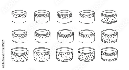Set of sketched cylindrical containers with different handmade patterns, suitable for washi tape, planters, or cup designs.