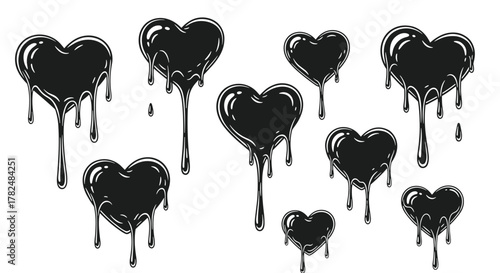 Edgy collection of black hearts that appear to be melting or dripping, creating a gothic, graffiti, or liquid ink effect.
