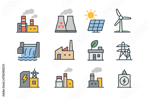 Energy Production and Power Plants Icons Set