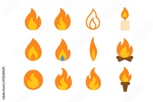 Flame and Fire Icons Set on White Background