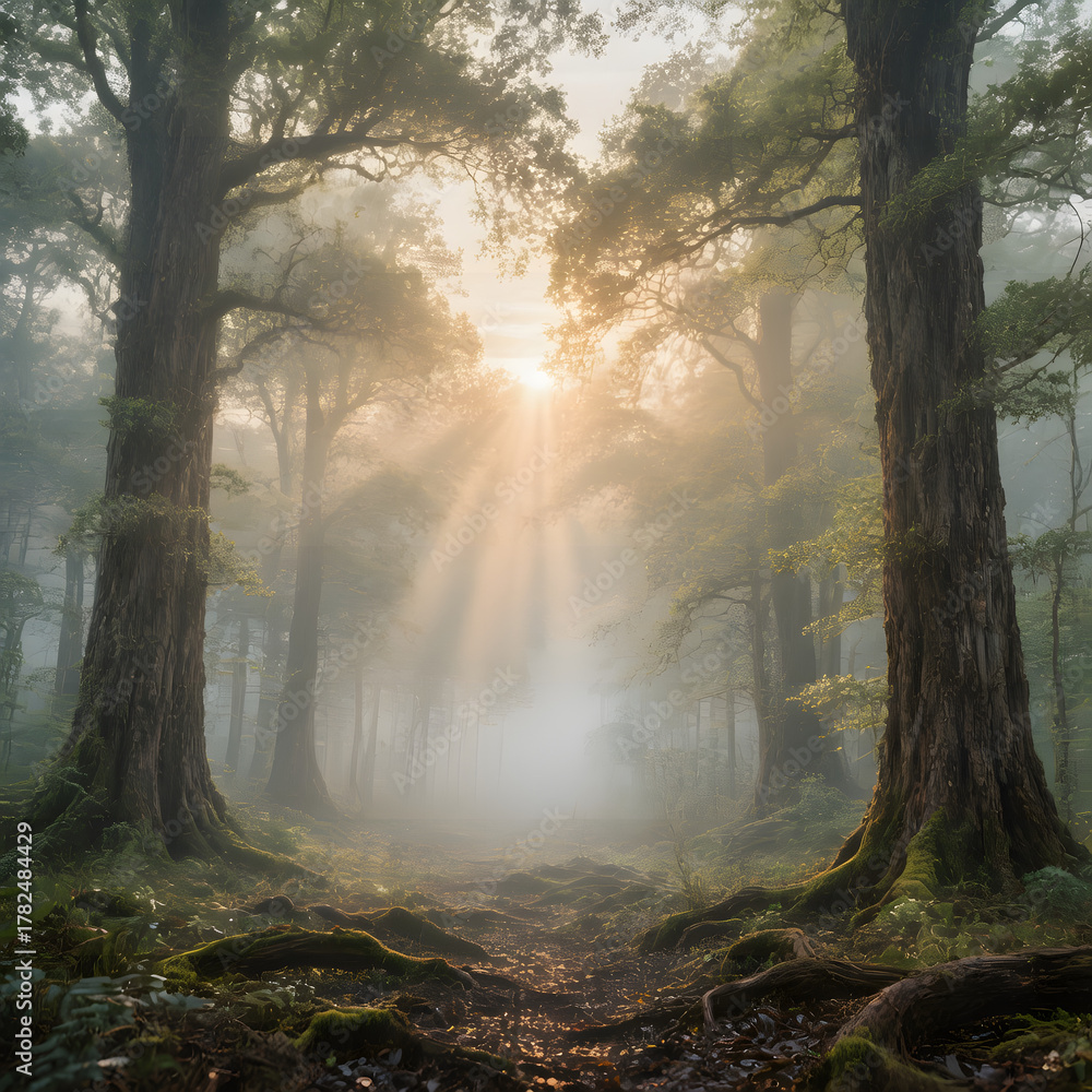 Fototapeta premium Enchanting sunbeams pierce through the mystical forest fog, illuminating a path to serenity and inviting viewers into a world of natural wonder and tranquility.