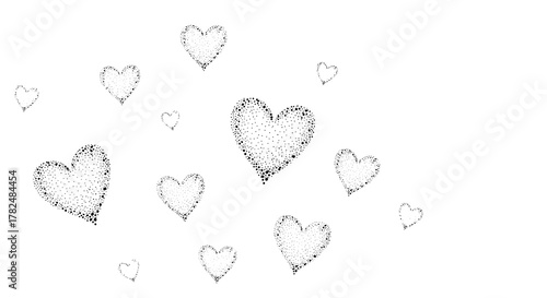 Artistic background of floating hearts created with a stippling technique, giving them a textured, pointillism-style appearance.