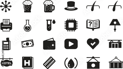 Set of diverse black and white icons symbols illustrations vector