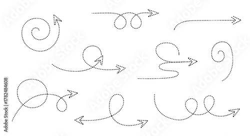 Unique set of arrows made from dotted lines, twisting and turning in various creative paths to show direction or flow.