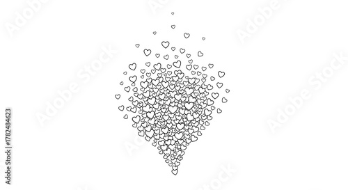 Abstract illustration showing a fountain-like burst of many small, hand-drawn hearts rising up from a central point.
