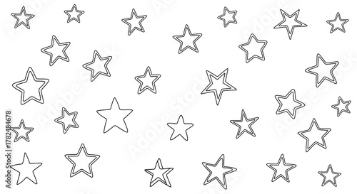 Simple seamless pattern of hand-sketched hollow stars of different sizes, creating a clean and modern celestial background.