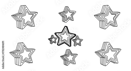 Set of hand-drawn stars illustrated with a layered, 3D effect, giving them depth and a retro, stacked appearance.