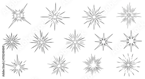 Comprehensive set of sketched sparkle and starburst icons, providing a variety of shapes for illustrating light, magic, and clarity.