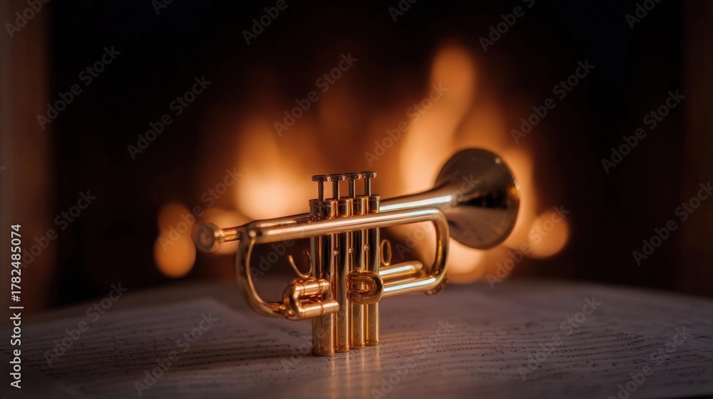 Obraz premium Golden trumpet resting on top of an open sheet of music. the trumpet is positioned in the center of the image, with the body of the trumpet facing towards the right side of the frame.