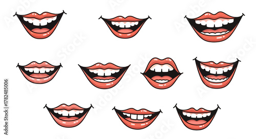 Collection of diverse cartoon mouth expressions conveying different emotions and dental displays