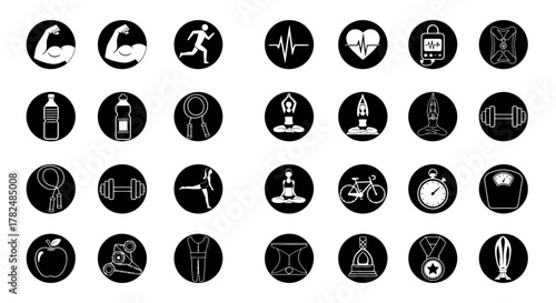 Collection of fitness, wellness and healthy lifestyle themed icons showcasing black circular designs