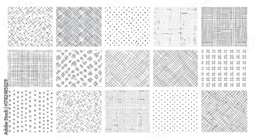 Collection of hand-drawn monochrome textures featuring various minimalist line and dot patterns