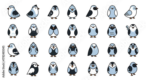 Collection of whimsical cartoon bird illustrations featuring a variety of avian characters