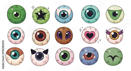 Collection of whimsical cartoon eyeball icons with creative designs and vibrant color palettes