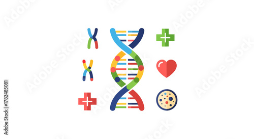 Colorful genetic structure and medical icons promoting innovative healthcare technology