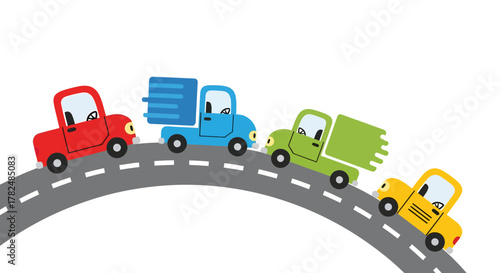 Colorful cartoon delivery trucks caravan driving uphill on asphalt road illustration