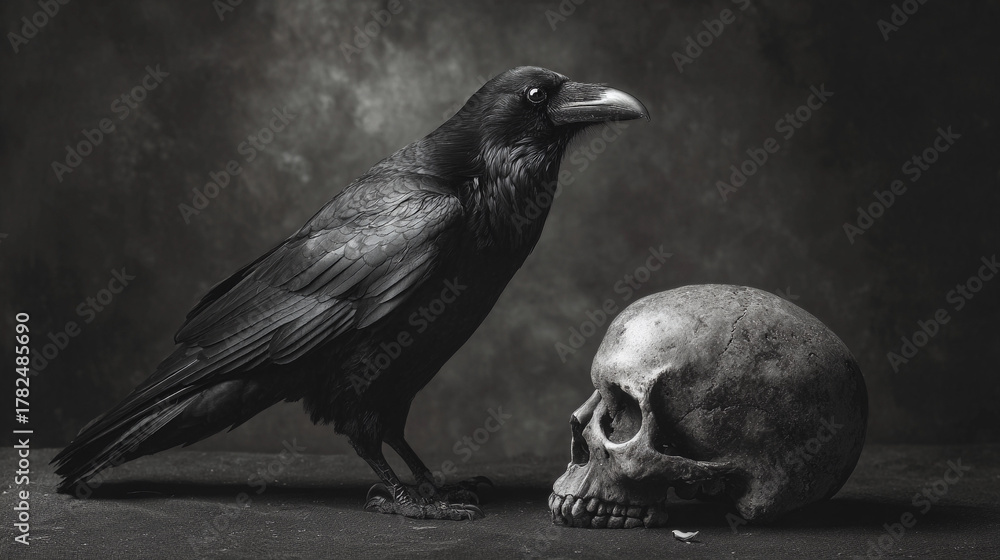 Fototapeta premium Raven stands beside a skull on a dark surface