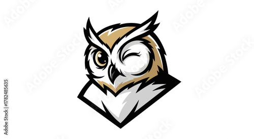 Winking Owl Mascot Logo with Detailed Feather and Sharp Lines.