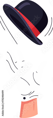 A white-gloved hand tosses a black bowler hat. A gesture of greeting, focus, or joy. Elegance, celebration, magic, and vintage.