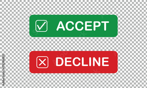 Accept, decline button isolated. res and green accept and decline buttons. vector illustration. EPS 10 .