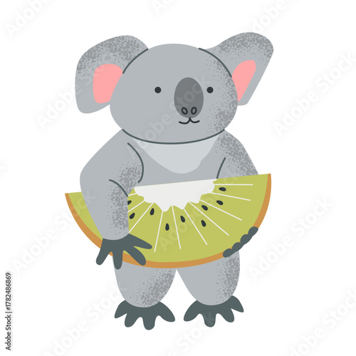 Cute cartoon koala with kiwi. Funny rainforest animal. flat vector illustration isolated on white background
