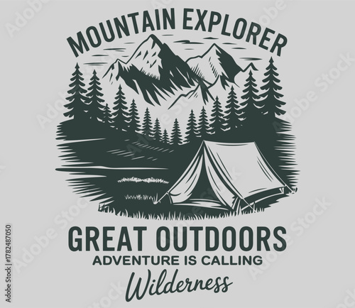 Outdoor Wildlife Journey  Typography Design – Mountain illustration with vintage style, perfect for T-shirts, posters, labels, emblems, and stamps for travel, adventure, and nature-inspired graphics
