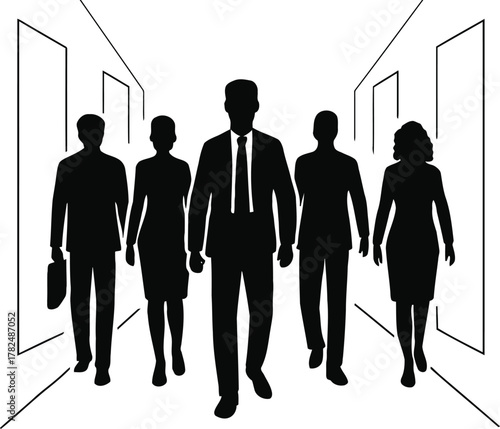Silhouettes of business people walking down a corridor, symbolizing teamwork and progress